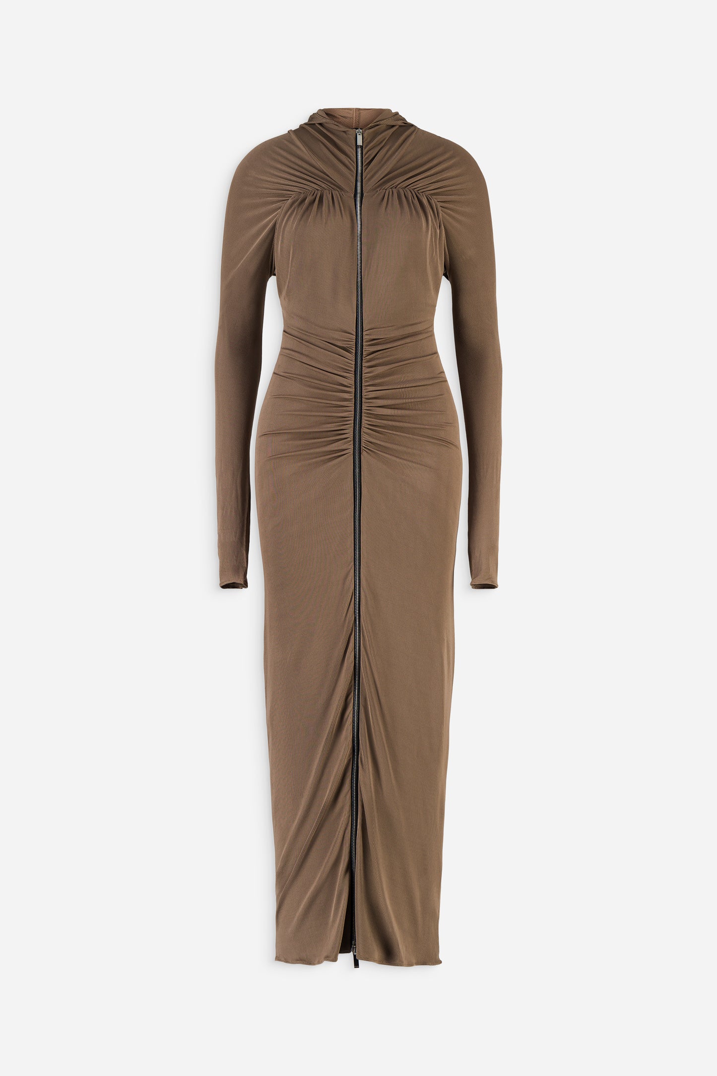 Zip detail hooded ruched gown