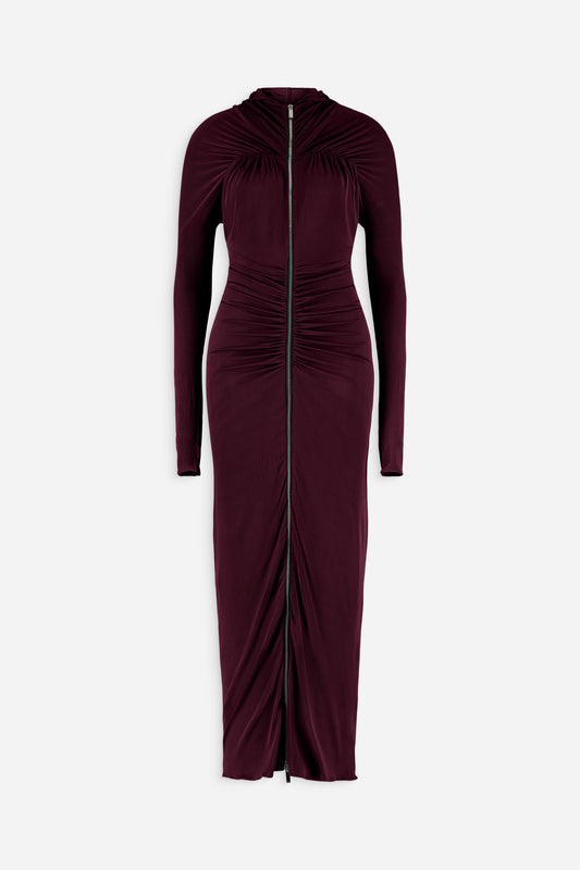 Zip detail hooded ruched gown