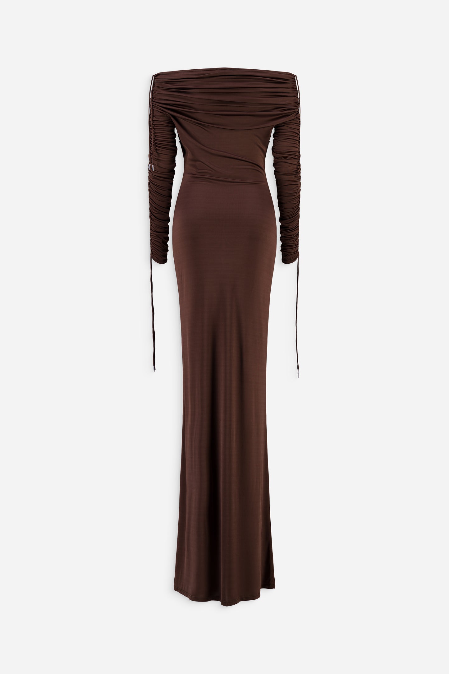 Off the shoulder ruched long dress in bronze