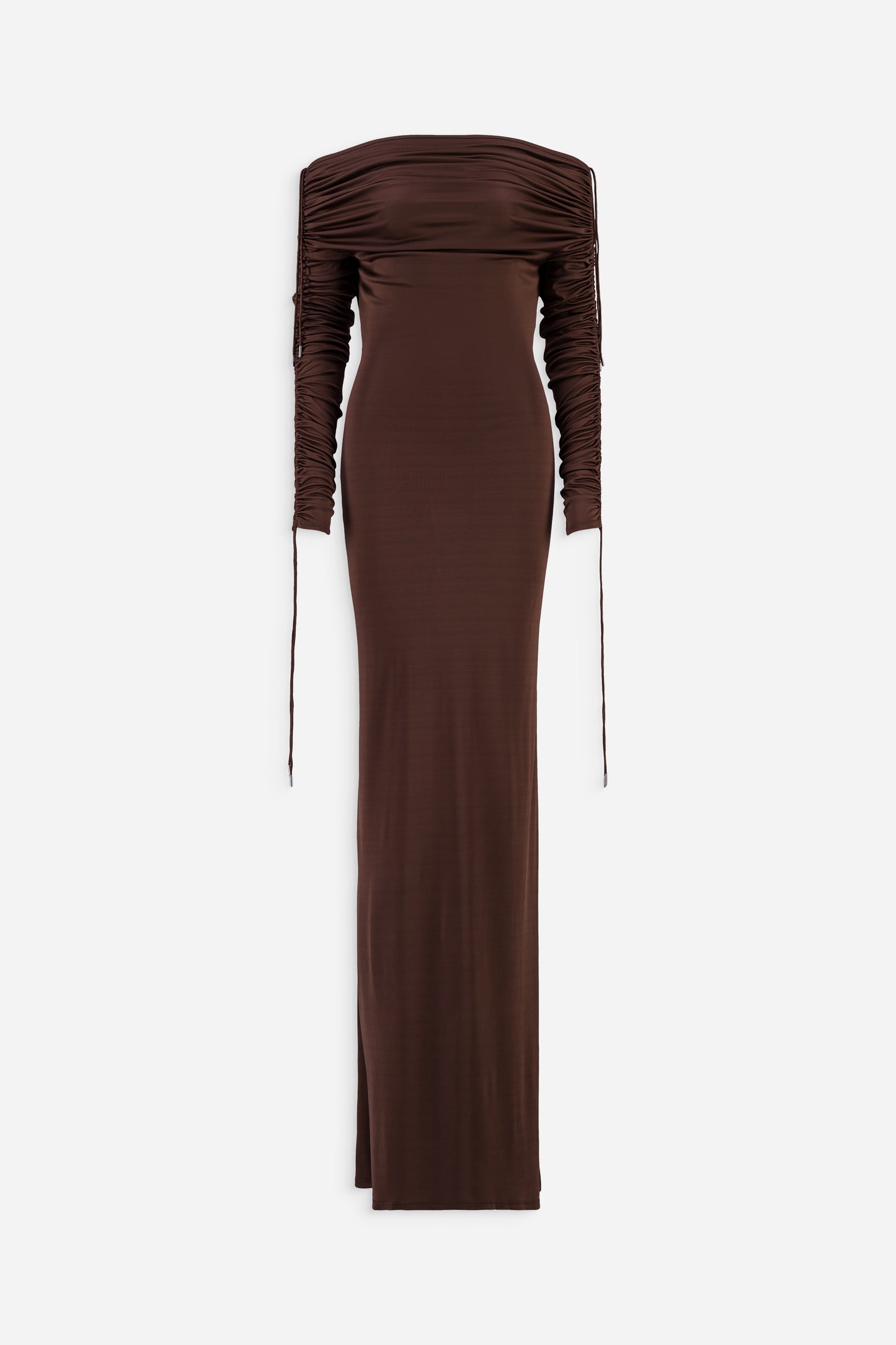 Off the shoulder ruched long dress in bronze