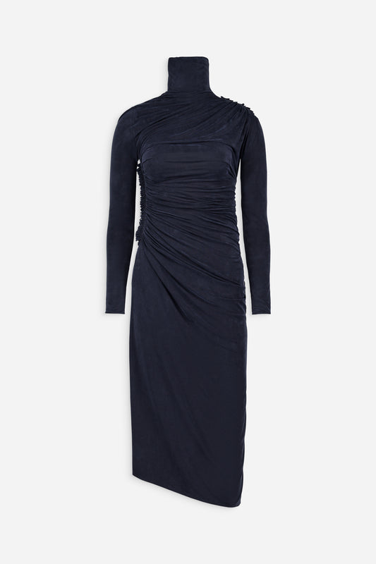 Ruched mock neck midi dress