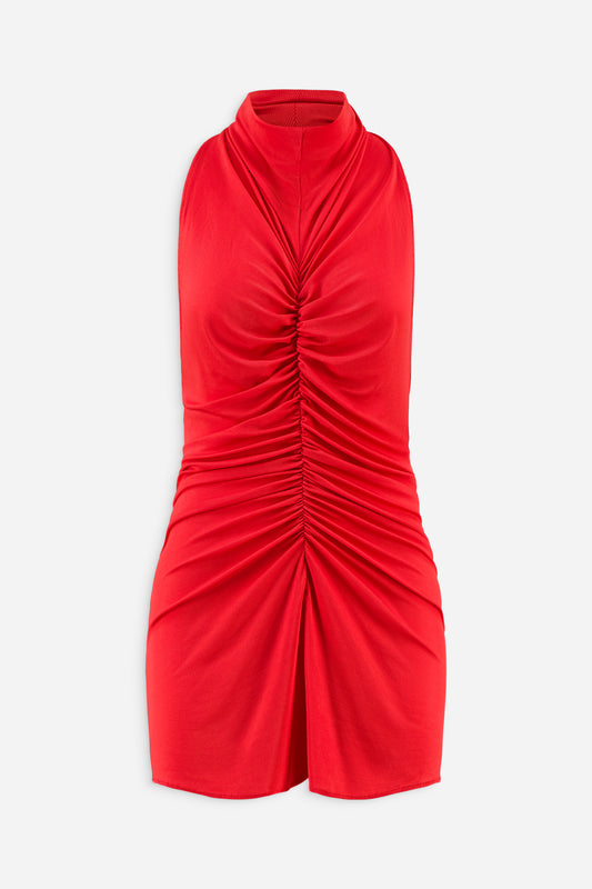 Open back ruched mini dress in red