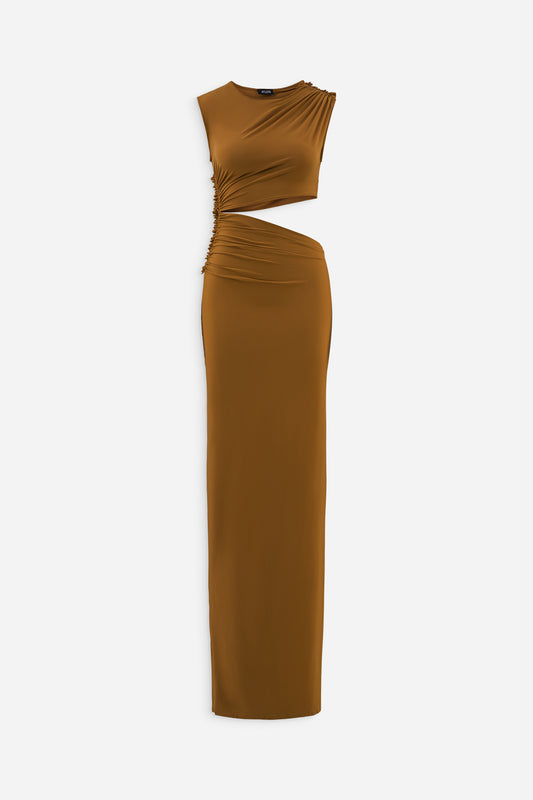 Cut out sleeveless long dress in fauve